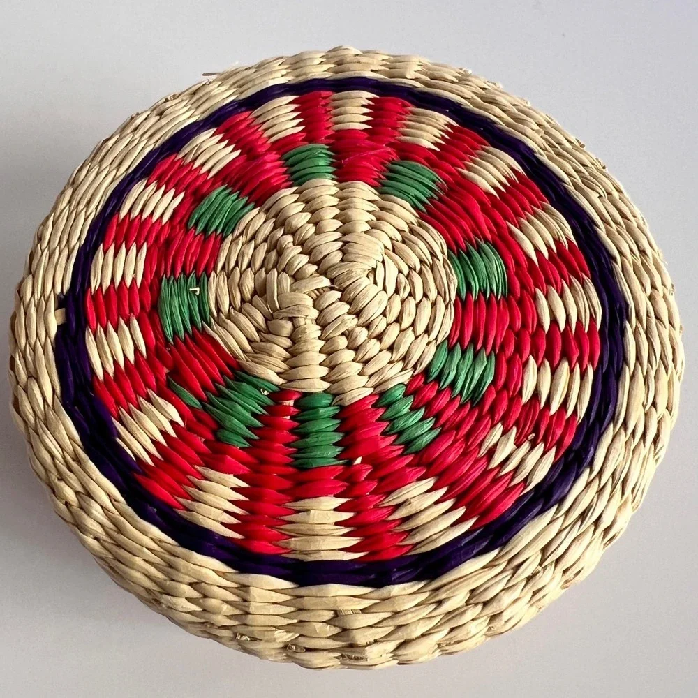 Vintage Handwoven Straw Trinket Basket with Lid Red Green Purple Boho Decor